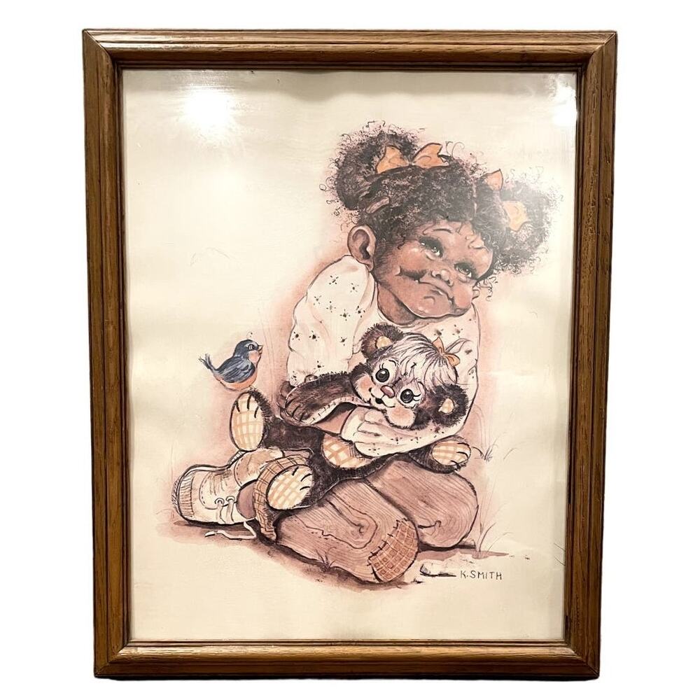 K. Smith African American Girl Art Print Vintage 70s 80s Framed 12.5 x 15.5